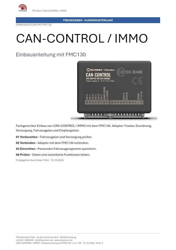 PDF-Cover: CAN-CONTROL-IMMO – Einbauanleitung – Klassisch – DE – V1.2