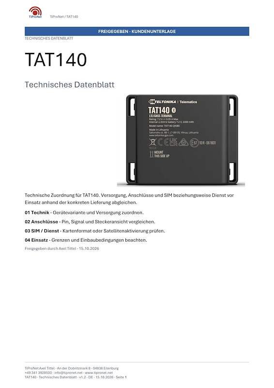 PDF-Cover: TAT140 – Technisches Datenblatt – Klassisch – DE – V1.2