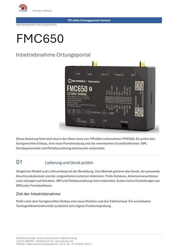 PDF-Cover: FMC650 – Inbetriebnahme Ortungsportal – Klassisch – DE – V0.18