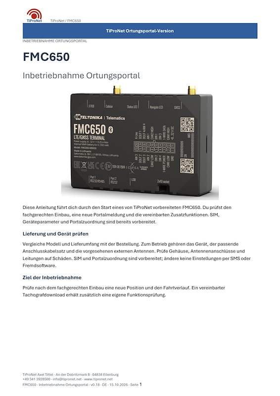 PDF-Cover: FMC650 – Inbetriebnahme Ortungsportal – Modern – DE – V0.18