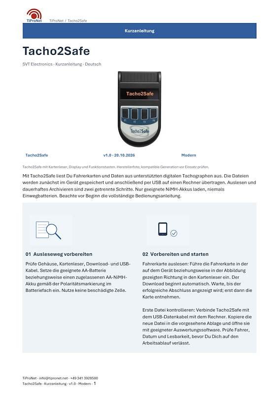PDF-Cover: Tacho2Safe – Kurzanleitung – Modern