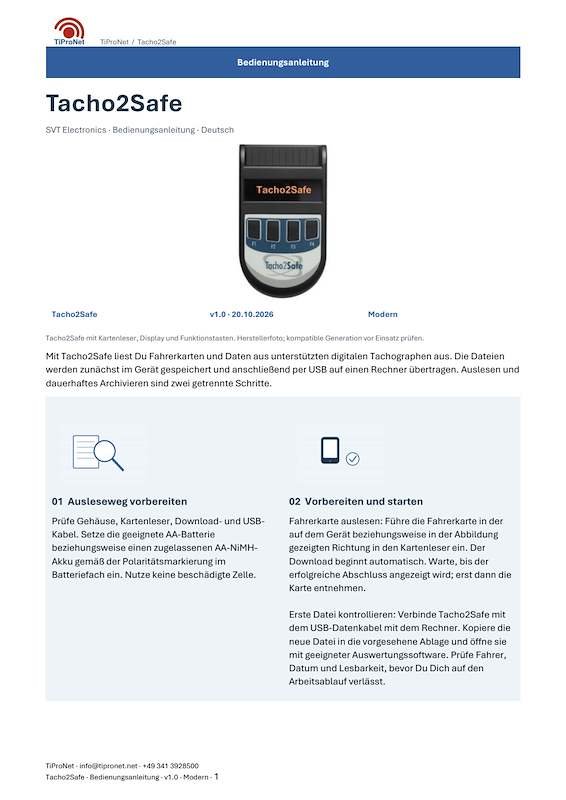 PDF-Cover: Tacho2Safe – Bedienungsanleitung – Modern