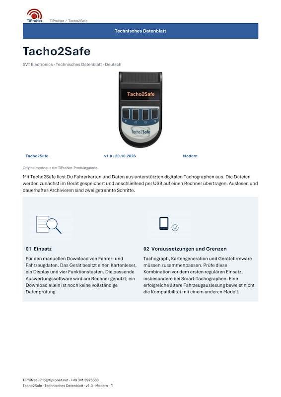 PDF-Cover: Tacho2Safe – Technisches Datenblatt – Modern