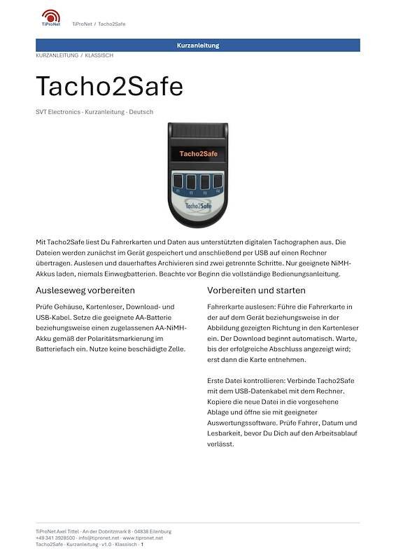 PDF-Cover: Tacho2Safe – Kurzanleitung – Klassisch