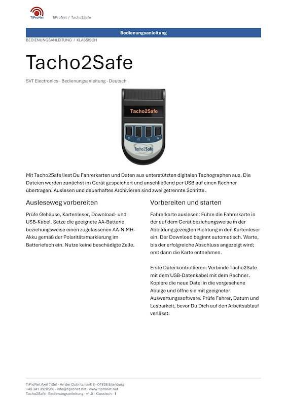 PDF-Cover: Tacho2Safe – Bedienungsanleitung – Klassisch