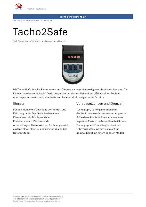 PDF-Cover: Tacho2Safe – Technisches Datenblatt – Klassisch