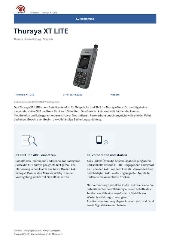 PDF-Cover: Thuraya XT LITE – Kurzanleitung – Modern
