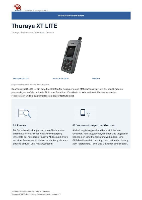 PDF-Cover: Thuraya XT LITE – Technisches Datenblatt – Modern