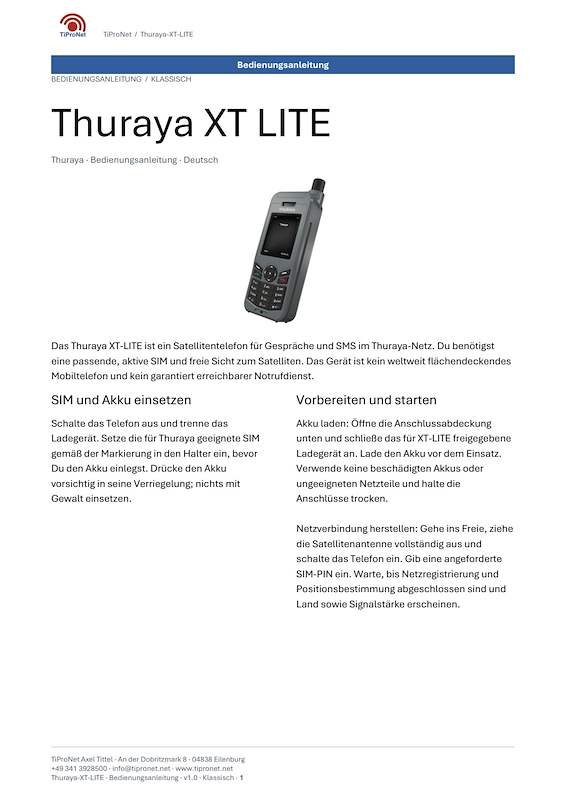 PDF-Cover: Thuraya XT LITE – Bedienungsanleitung – Klassisch