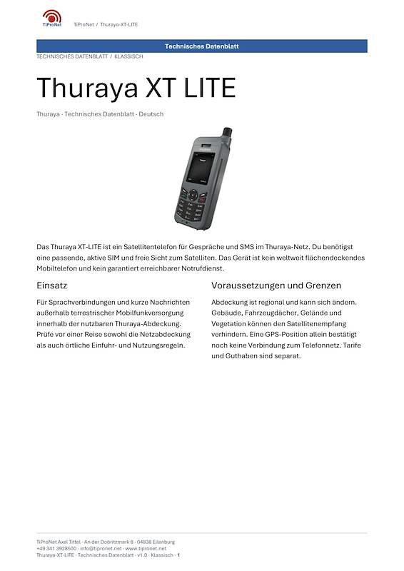 PDF-Cover: Thuraya XT LITE – Technisches Datenblatt – Klassisch