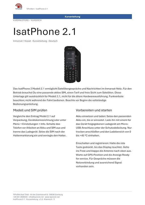 PDF-Cover: IsatPhone 2 1 – Kurzanleitung – Klassisch