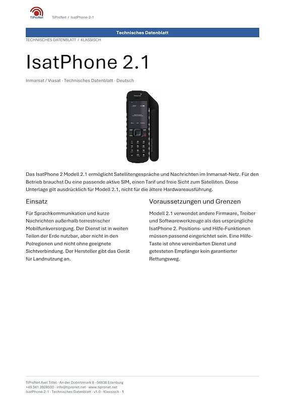 PDF-Cover: IsatPhone 2 1 – Technisches Datenblatt – Klassisch