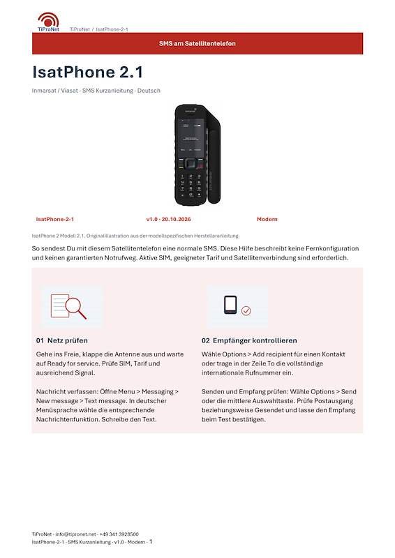 PDF-Cover: IsatPhone 2.1 – SMS Kurzanleitung – Modern