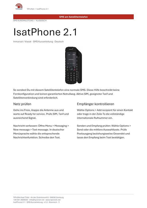 PDF-Cover: IsatPhone 2.1 – SMS Kurzanleitung – Klassisch